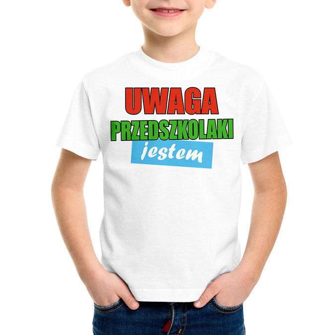 Uwaga przedszkolaki jestem (imię) - koszulka dziecięca