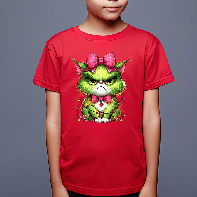 Zielony, wściekły świąteczny kot - koszulka dziecięca