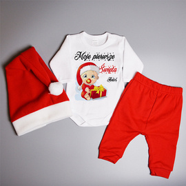 Moje pierwsze Święta (imię) - komplet świąteczny, czapka mikołaja