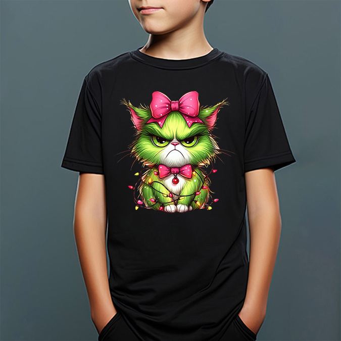 Zielony, wściekły świąteczny kot - koszulka dziecięca