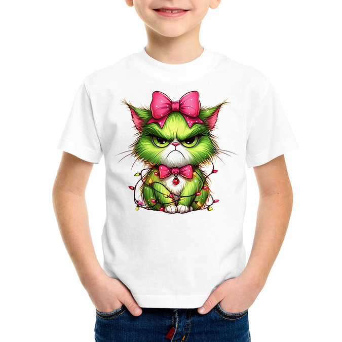 Zielony, wściekły świąteczny kot - koszulka dziecięca